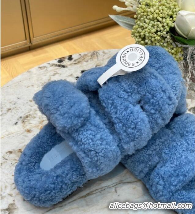 Perfect Hermes Chypre Teddy Fur Flat Sandals Blue 071958