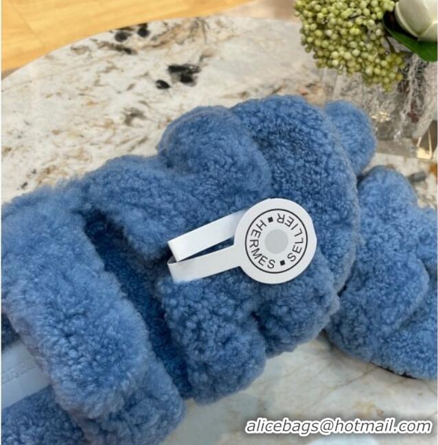 Perfect Hermes Chypre Teddy Fur Flat Sandals Blue 071958