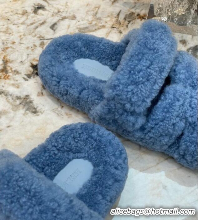 Perfect Hermes Chypre Teddy Fur Flat Sandals Blue 071958