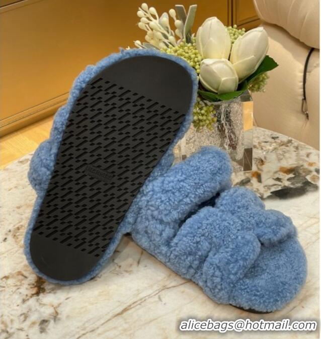 Perfect Hermes Chypre Teddy Fur Flat Sandals Blue 071958