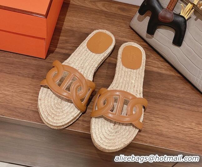 Unique Style Hermes Aloha Lambskin Flat Slide Sandal Brown 072192