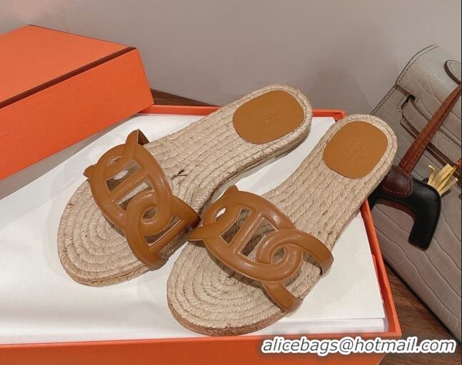 Unique Style Hermes Aloha Lambskin Flat Slide Sandal Brown 072192