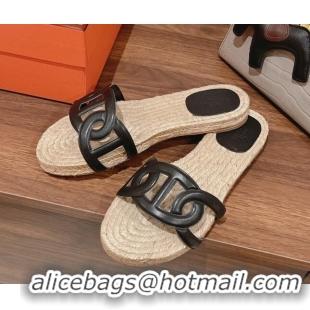 Top Grade Hermes Aloha Lambskin Flat Slide Sandal Black 072193