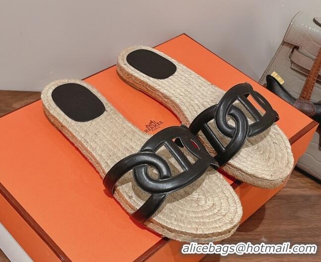 Top Grade Hermes Aloha Lambskin Flat Slide Sandal Black 072193