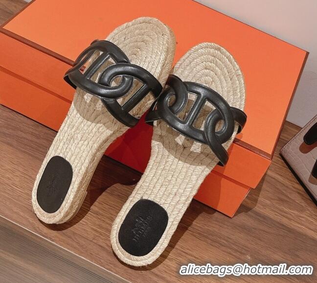 Top Grade Hermes Aloha Lambskin Flat Slide Sandal Black 072193