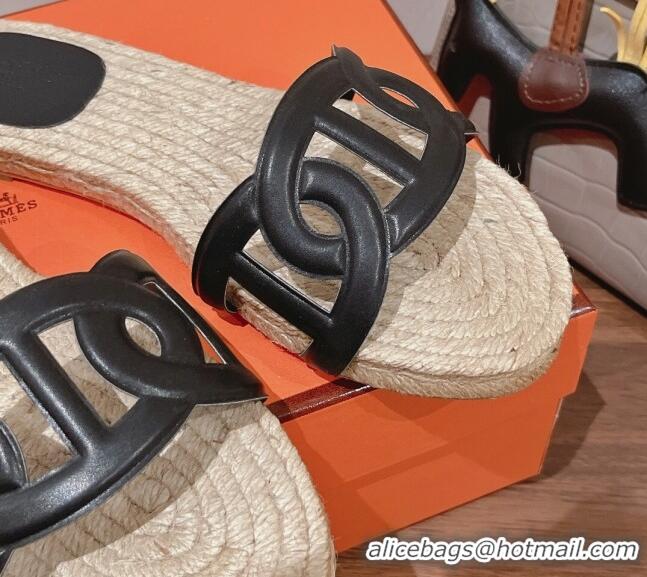 Top Grade Hermes Aloha Lambskin Flat Slide Sandal Black 072193