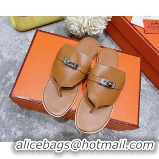 Sophisticated Hermes Kelly Swift Leather Flat Thong Sandals Brown 072801