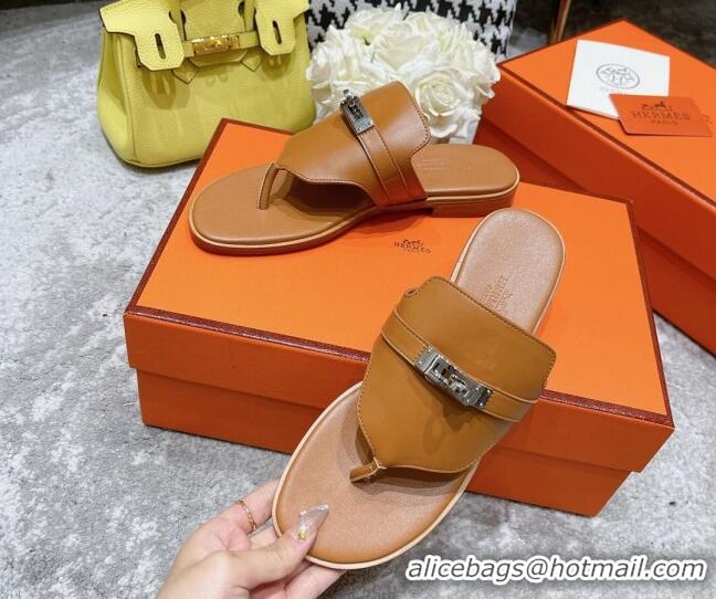 Sophisticated Hermes Kelly Swift Leather Flat Thong Sandals Brown 072801