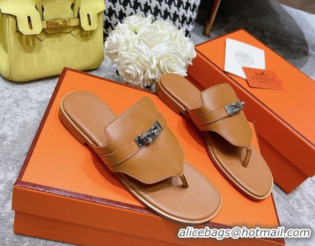 Sophisticated Hermes Kelly Swift Leather Flat Thong Sandals Brown 072801