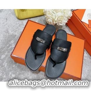 Shop Duplicate Hermes Kelly Swift Leather Flat Thong Sandals Black 072802