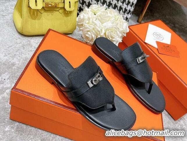 Shop Duplicate Hermes Kelly Swift Leather Flat Thong Sandals Black 072802