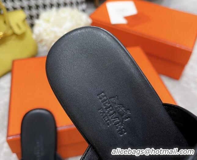 Shop Duplicate Hermes Kelly Swift Leather Flat Thong Sandals Black 072802