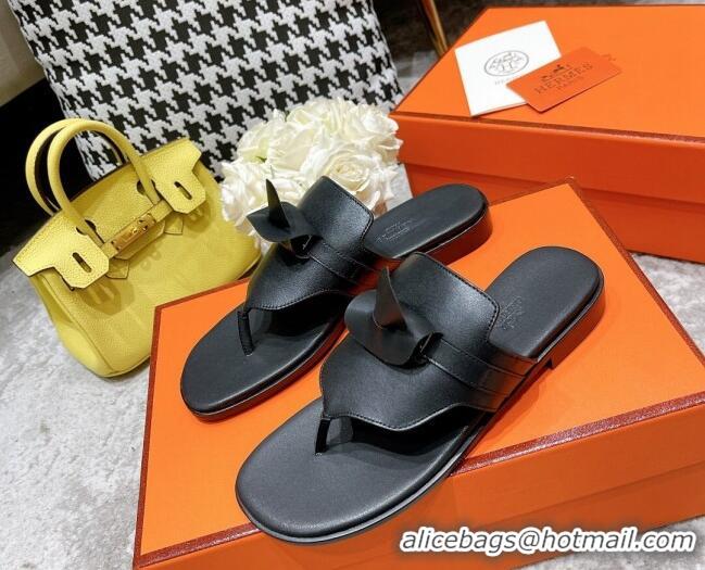 Shop Duplicate Hermes Kelly Swift Leather Flat Thong Sandals Black 072802