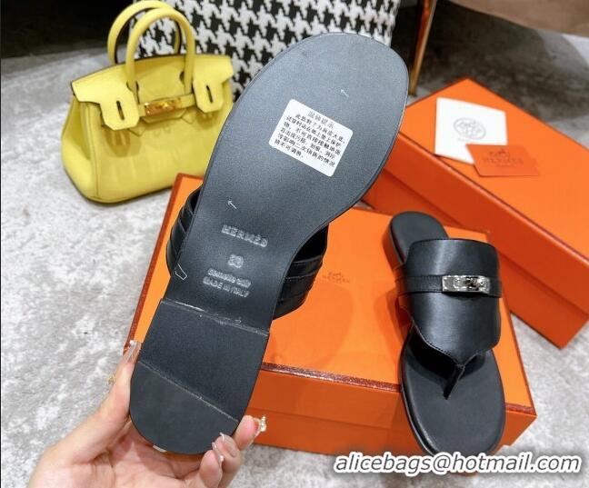 Shop Duplicate Hermes Kelly Swift Leather Flat Thong Sandals Black 072802