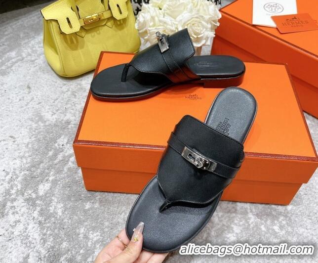 Shop Duplicate Hermes Kelly Swift Leather Flat Thong Sandals Black 072802