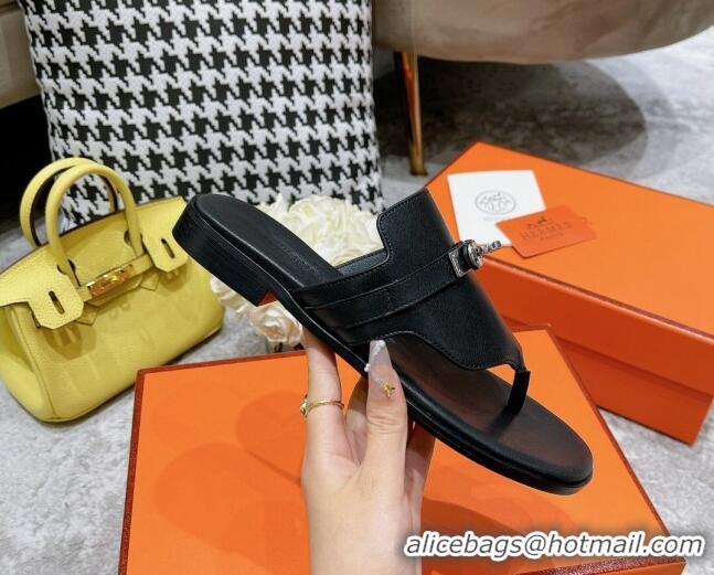 Shop Duplicate Hermes Kelly Swift Leather Flat Thong Sandals Black 072802