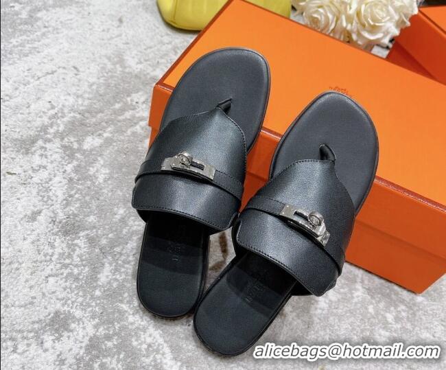 Shop Duplicate Hermes Kelly Swift Leather Flat Thong Sandals Black 072802