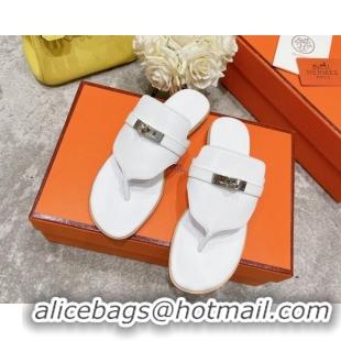 Classic Hot Hermes Kelly Swift Leather Flat Thong Sandals White 072803