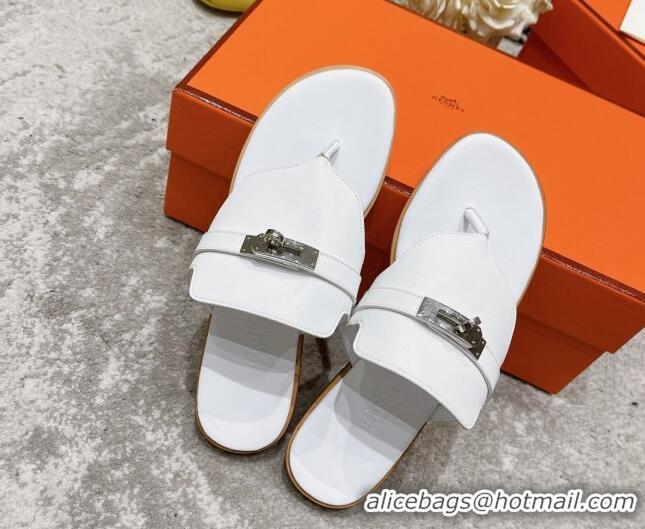 Classic Hot Hermes Kelly Swift Leather Flat Thong Sandals White 072803