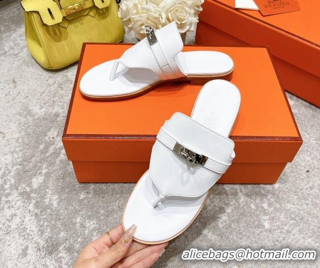 Classic Hot Hermes Kelly Swift Leather Flat Thong Sandals White 072803