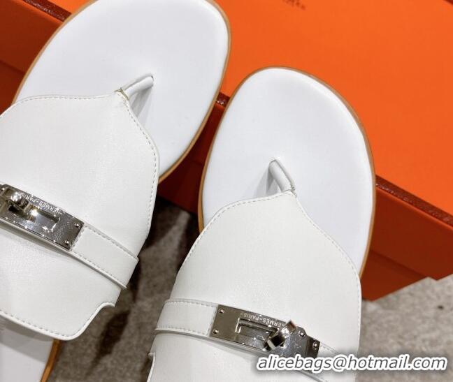 Classic Hot Hermes Kelly Swift Leather Flat Thong Sandals White 072803