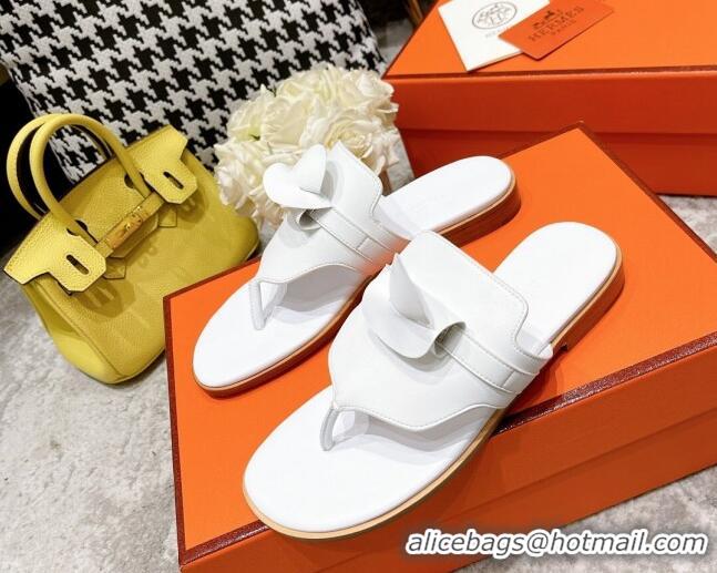 Classic Hot Hermes Kelly Swift Leather Flat Thong Sandals White 072803