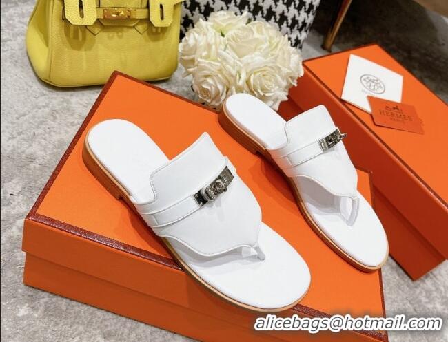 Classic Hot Hermes Kelly Swift Leather Flat Thong Sandals White 072803