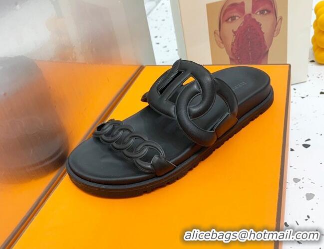 Top Design Hermes Chypre Swift Leather Slide Sandals Black 072804