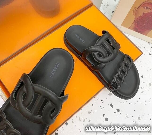 Top Design Hermes Chypre Swift Leather Slide Sandals Black 072804