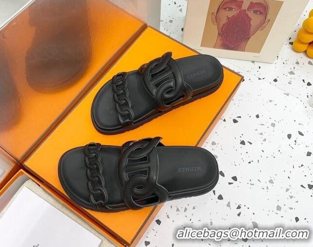 Top Design Hermes Chypre Swift Leather Slide Sandals Black 072804