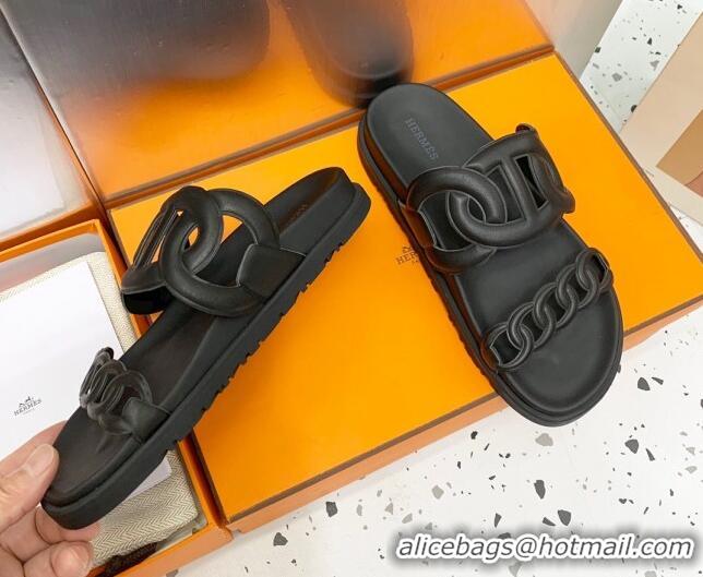 Top Design Hermes Chypre Swift Leather Slide Sandals Black 072804