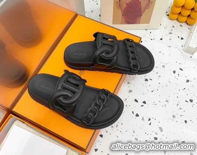 Top Design Hermes Chypre Swift Leather Slide Sandals Black 072804