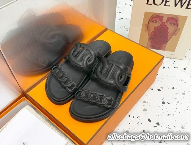 Top Design Hermes Chypre Swift Leather Slide Sandals Black 072804