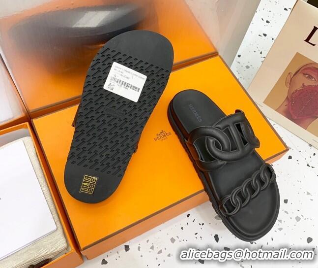 Top Design Hermes Chypre Swift Leather Slide Sandals Black 072804