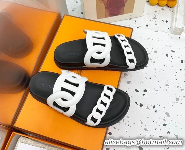 Trendy Design Hermes Chypre Swift Leather Slide Sandals White 072805