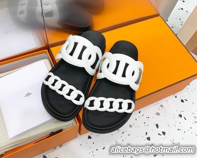 Trendy Design Hermes Chypre Swift Leather Slide Sandals White 072805