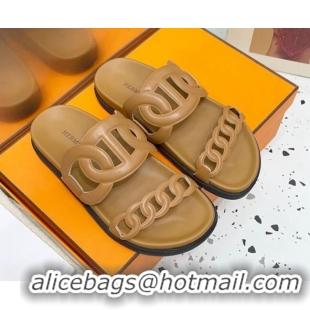 Good Quality Hermes Chypre Swift Leather Slide Sandals Brown 072806