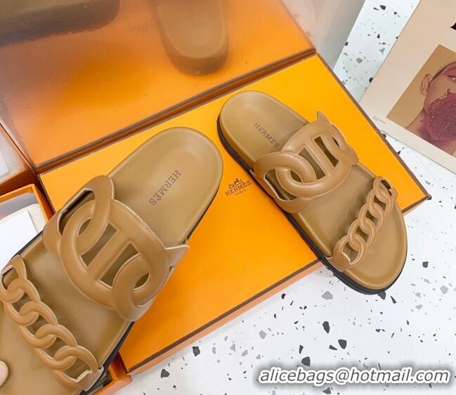 Good Quality Hermes Chypre Swift Leather Slide Sandals Brown 072806