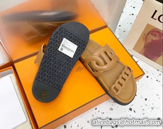 Good Quality Hermes Chypre Swift Leather Slide Sandals Brown 072806