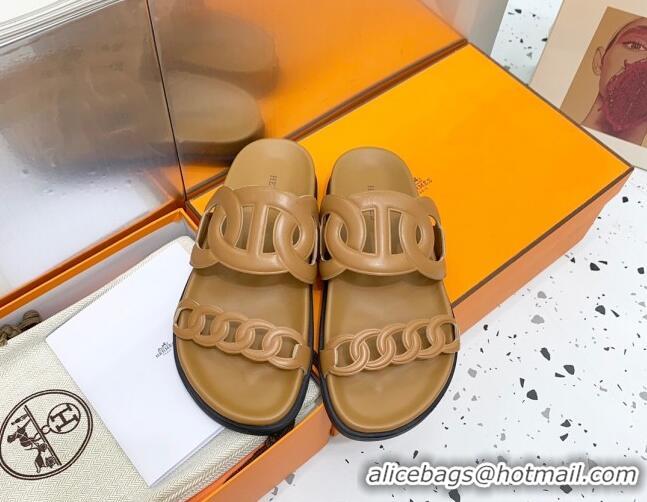 Good Quality Hermes Chypre Swift Leather Slide Sandals Brown 072806