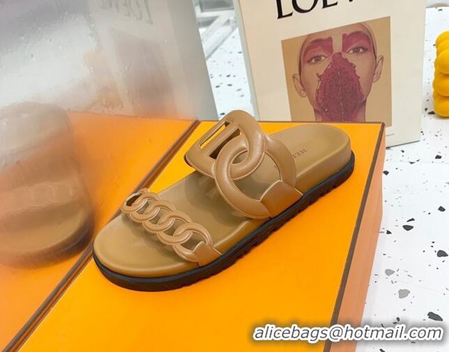 Good Quality Hermes Chypre Swift Leather Slide Sandals Brown 072806