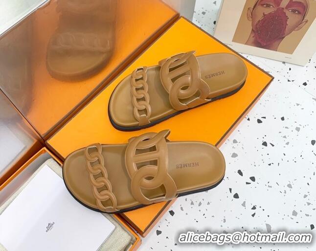 Good Quality Hermes Chypre Swift Leather Slide Sandals Brown 072806