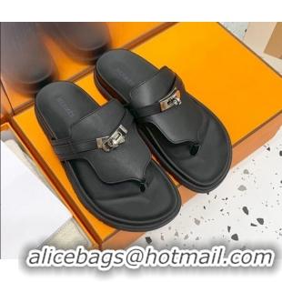 Good Product Hermes Kelly Leather Flat Thong Sandals Black 072808