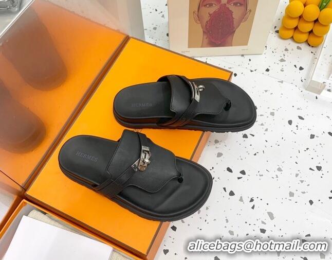 Good Product Hermes Kelly Leather Flat Thong Sandals Black 072808