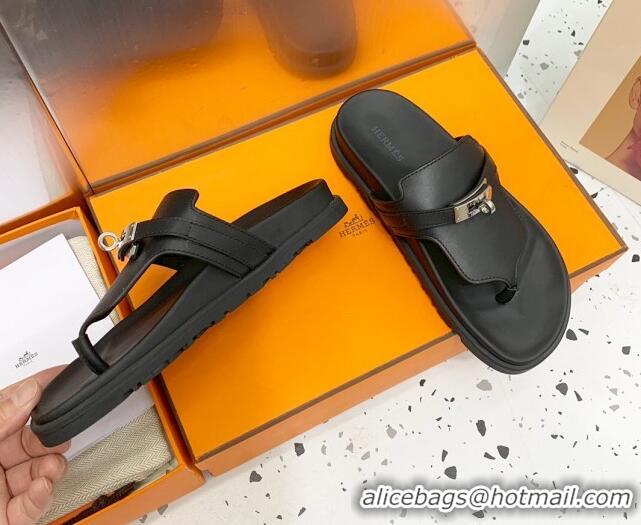 Good Product Hermes Kelly Leather Flat Thong Sandals Black 072808