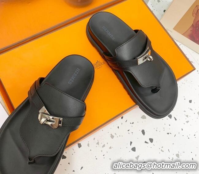 Good Product Hermes Kelly Leather Flat Thong Sandals Black 072808