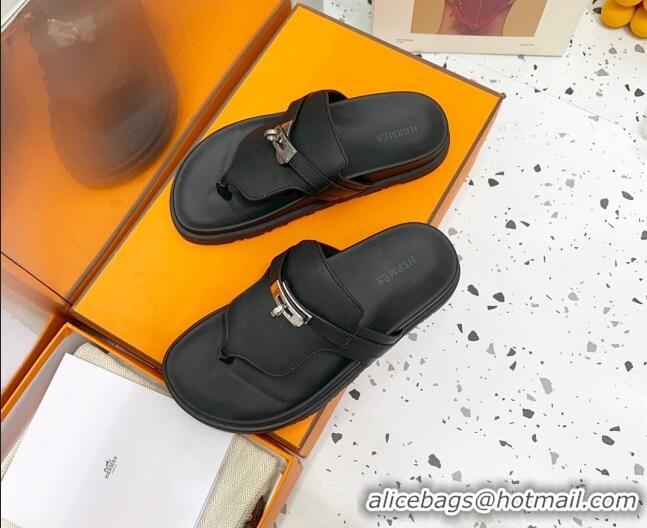 Good Product Hermes Kelly Leather Flat Thong Sandals Black 072808