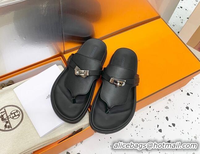 Good Product Hermes Kelly Leather Flat Thong Sandals Black 072808