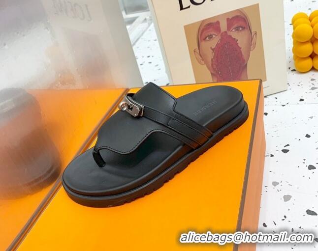 Good Product Hermes Kelly Leather Flat Thong Sandals Black 072808