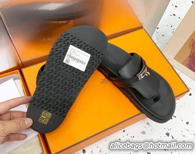 Good Product Hermes Kelly Leather Flat Thong Sandals Black 072808